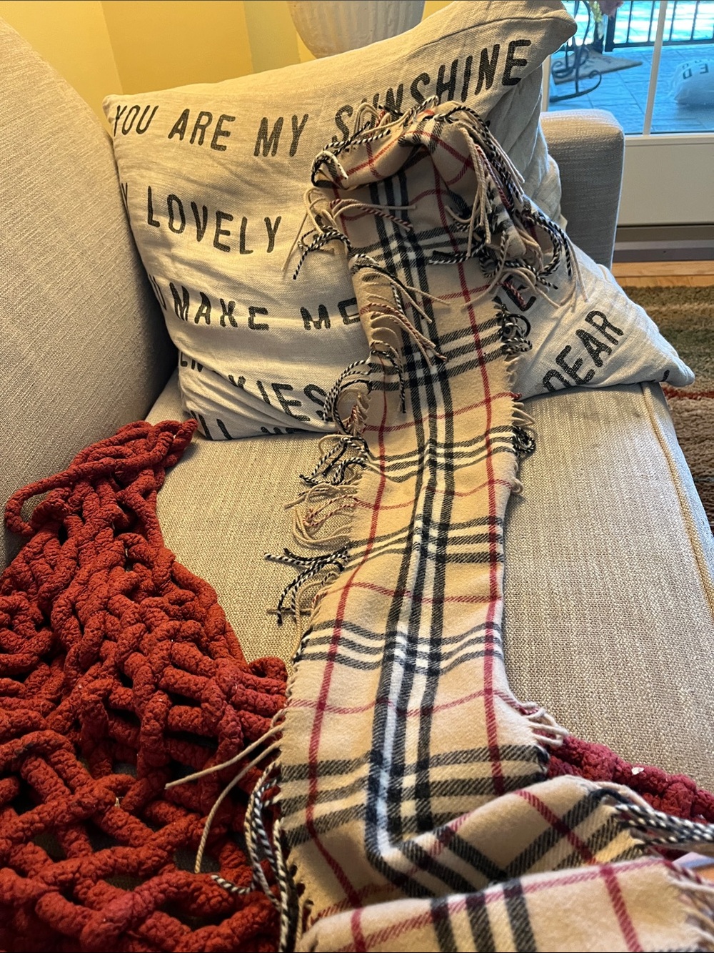 Burberry Beige Plaid Wool Scarf with Black and Red Check